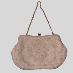 Vtg La Regale Ivory Flower Beaded Mini Evening Bag Purse Kisslock Chain 💰